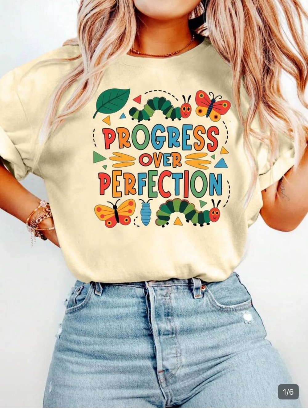 Progress Over Perfection Teacher Graphic Tee - Cream